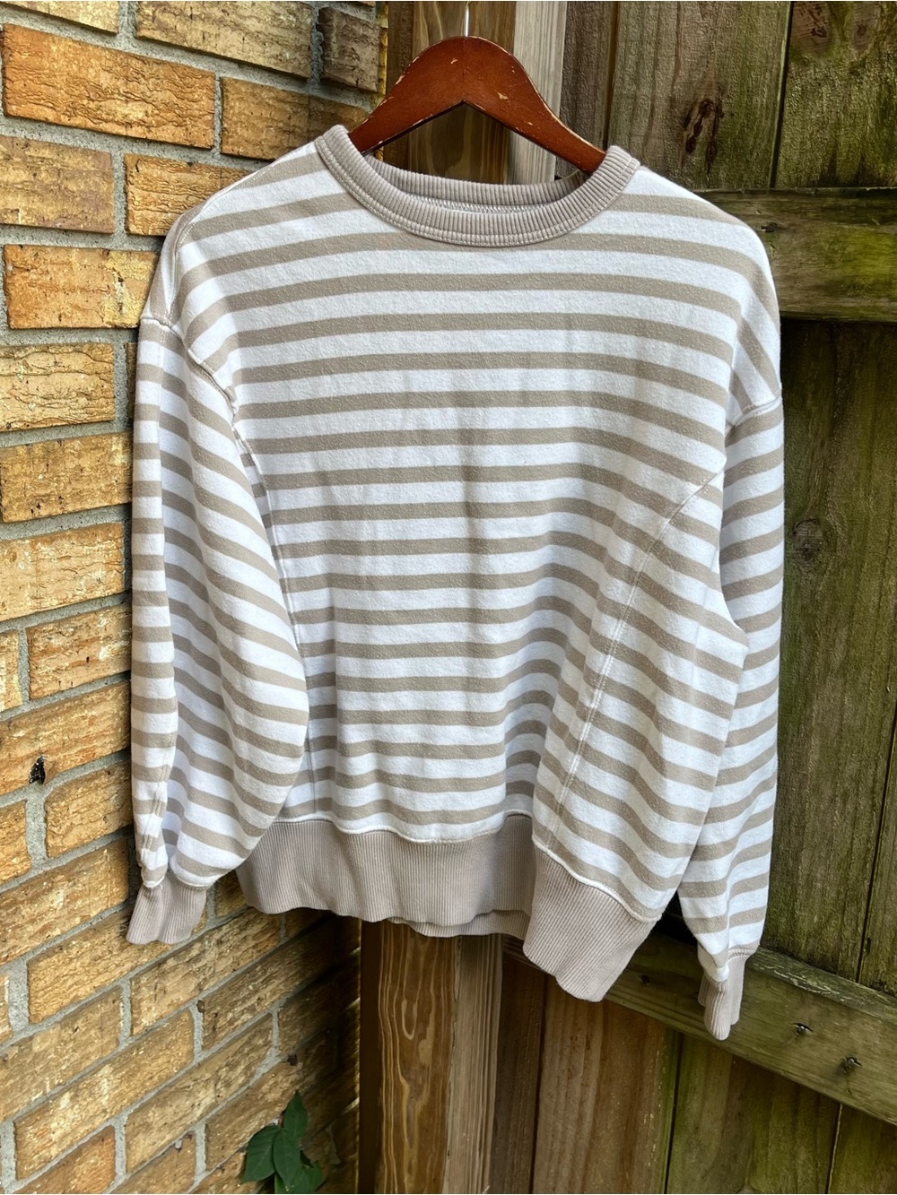 Aerie Oversized Beige and White Striped Crewneck Sweatshirt